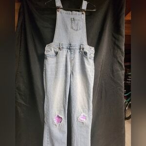 Cat & Jack Girl's Light Blue Denim Overalls with Purple Sequin Patches Size XL